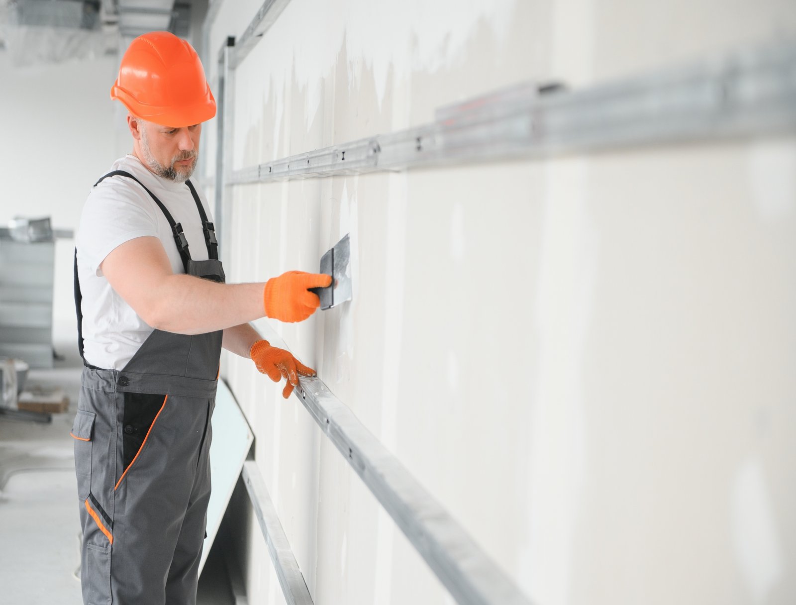 apartment interior construction - worker plastering gypsum board wall.
