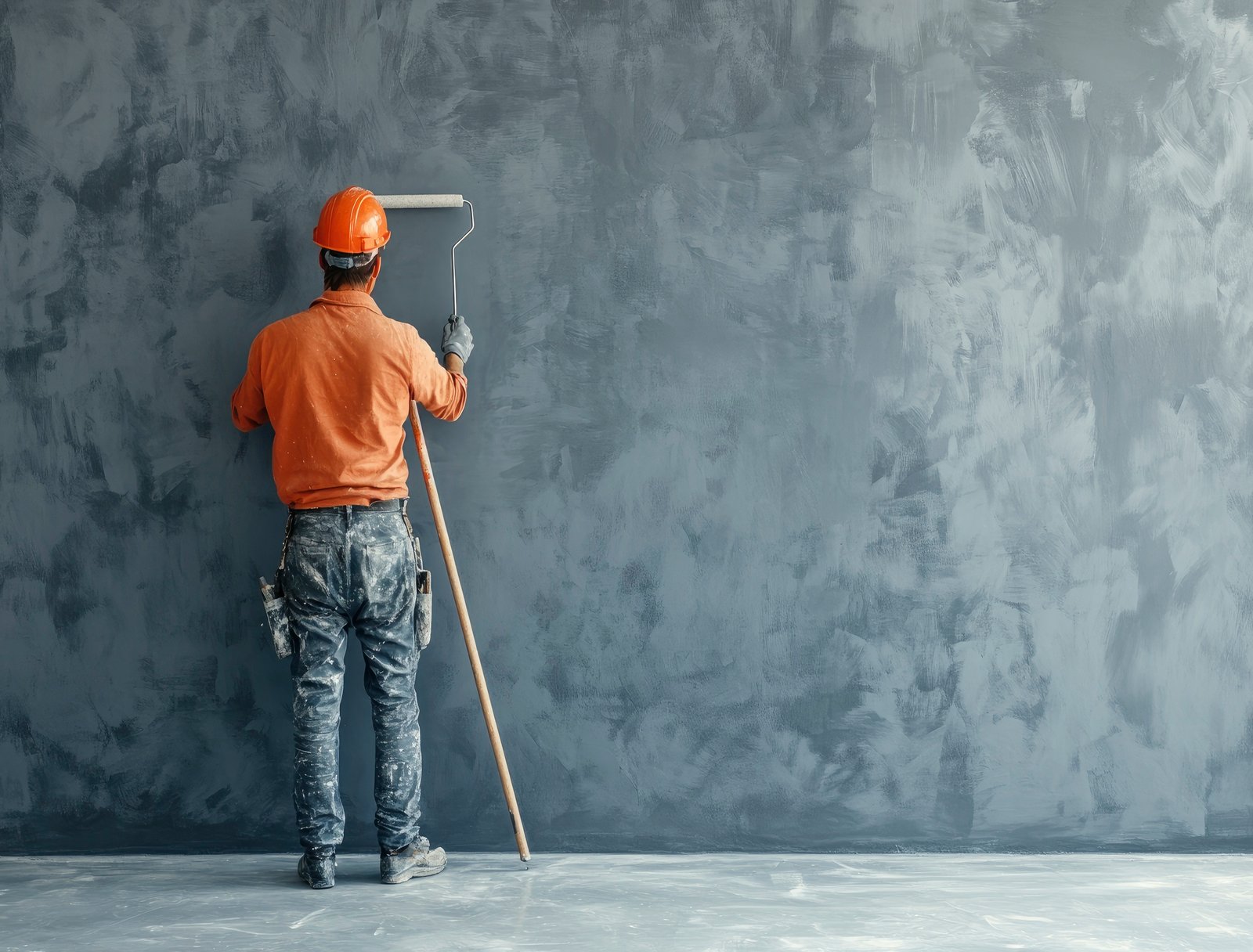 Building contractor painting grey wall with roller brush, copy space text. Construction worker renovating house --ar 3:2 --v 6.1 Job ID: bdd404e5-0a00-419a-802f-d963c1a2838e