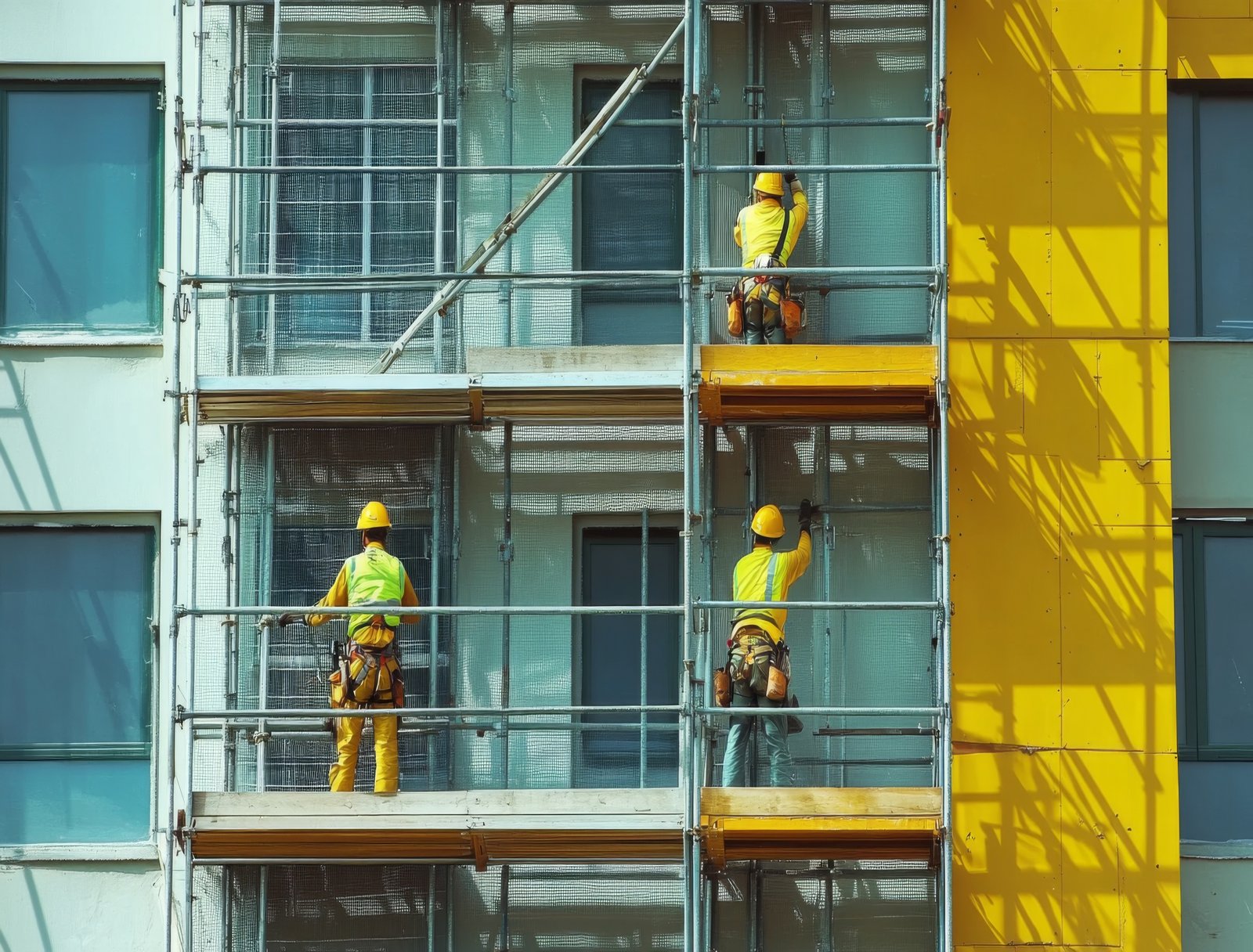 Construction Workers on Scaffolding During Facade Renovation of a Building