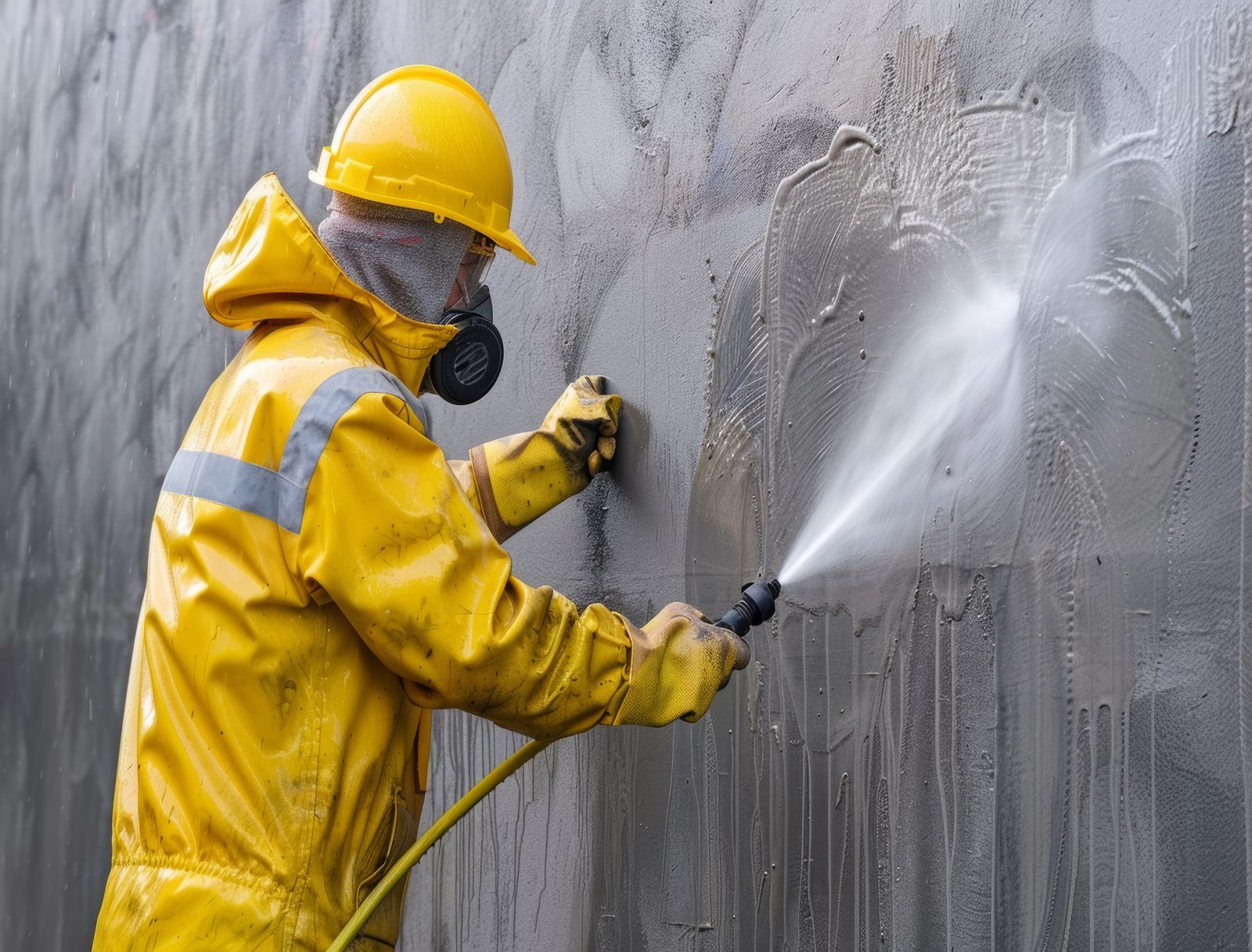 A man in a yellow raincoat is spraying water on a wall. The man is wearing a yellow jacket and a hard hat