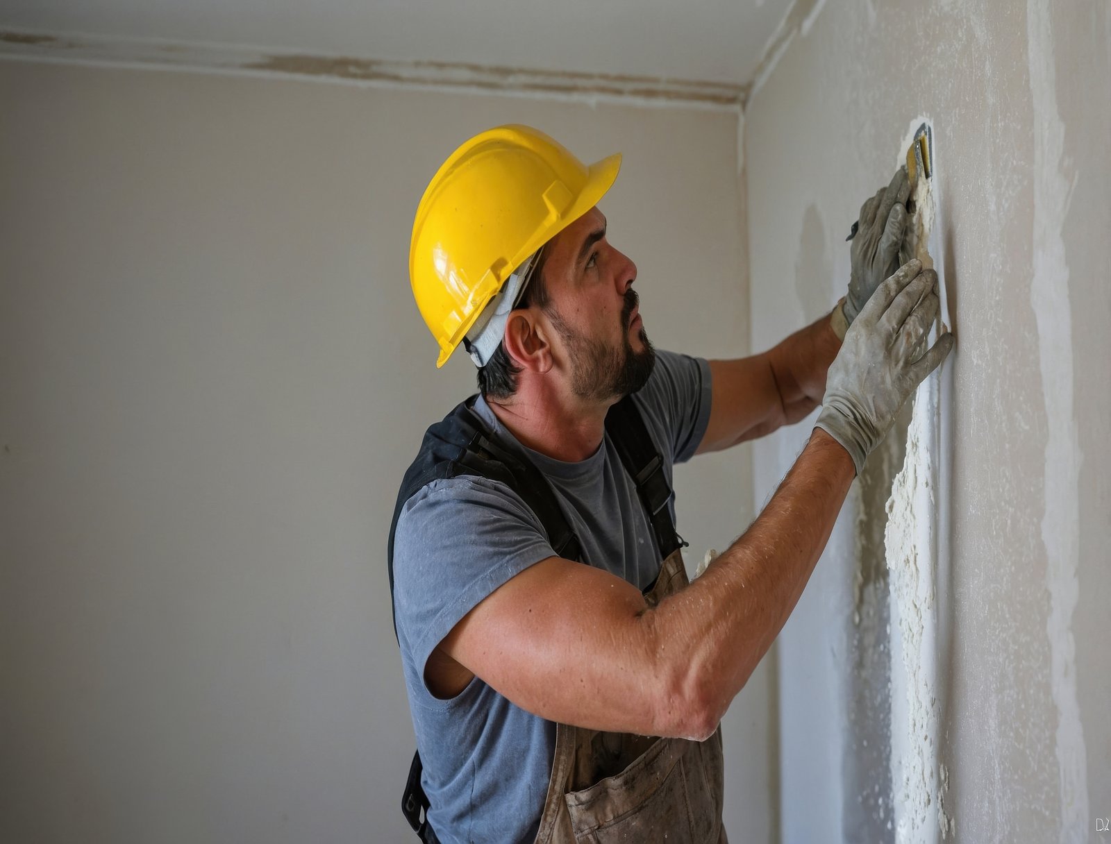 view of a worker applying plaster to a wall, apartment renovation