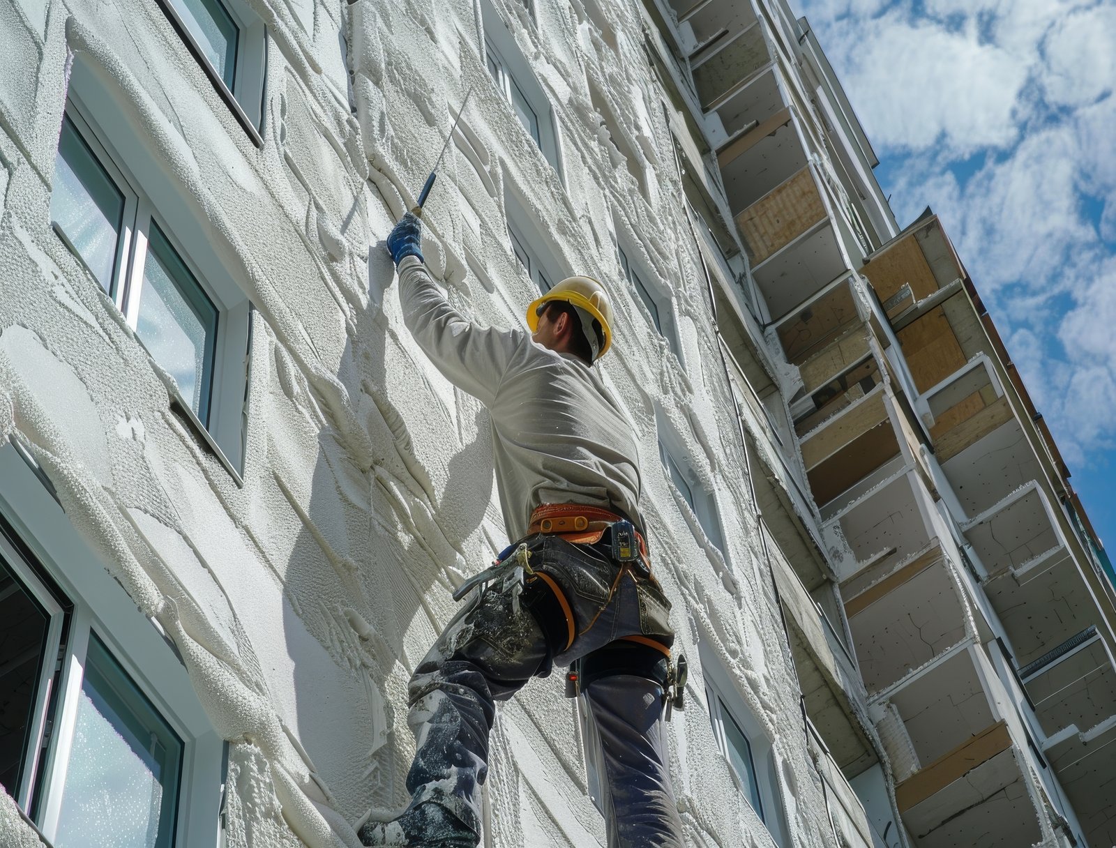 Thermal insulation of the exterior wall panel. Worker man insulates wall high-rise building, Generative AI Illustration