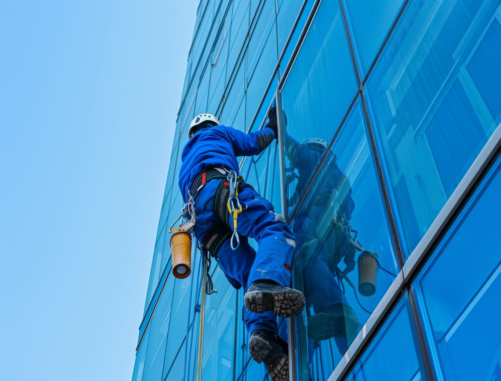 View from below of a window cleaner working on the facade of a high-rise office building. Industrial alpinism. Individual safety system for an industrial climber