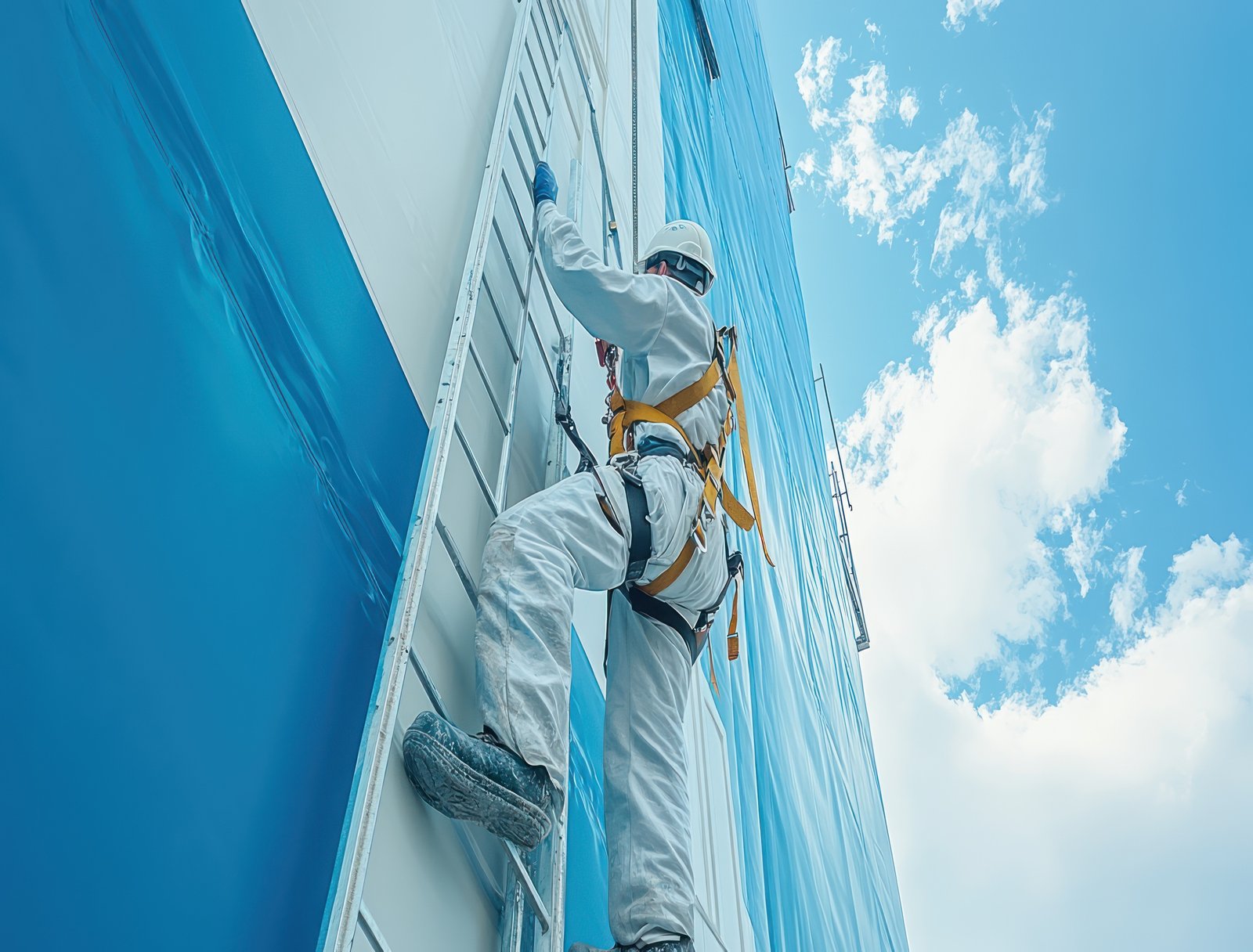Un safety Painters and harnesses hanging high building in construction site,hand brush color work concept --chaos 15 --ar 16:9 --style raw --stylize 250 --v 6.1 Job ID: 8ccb790e-7b7b-46c9-a7c0-21014b549a71