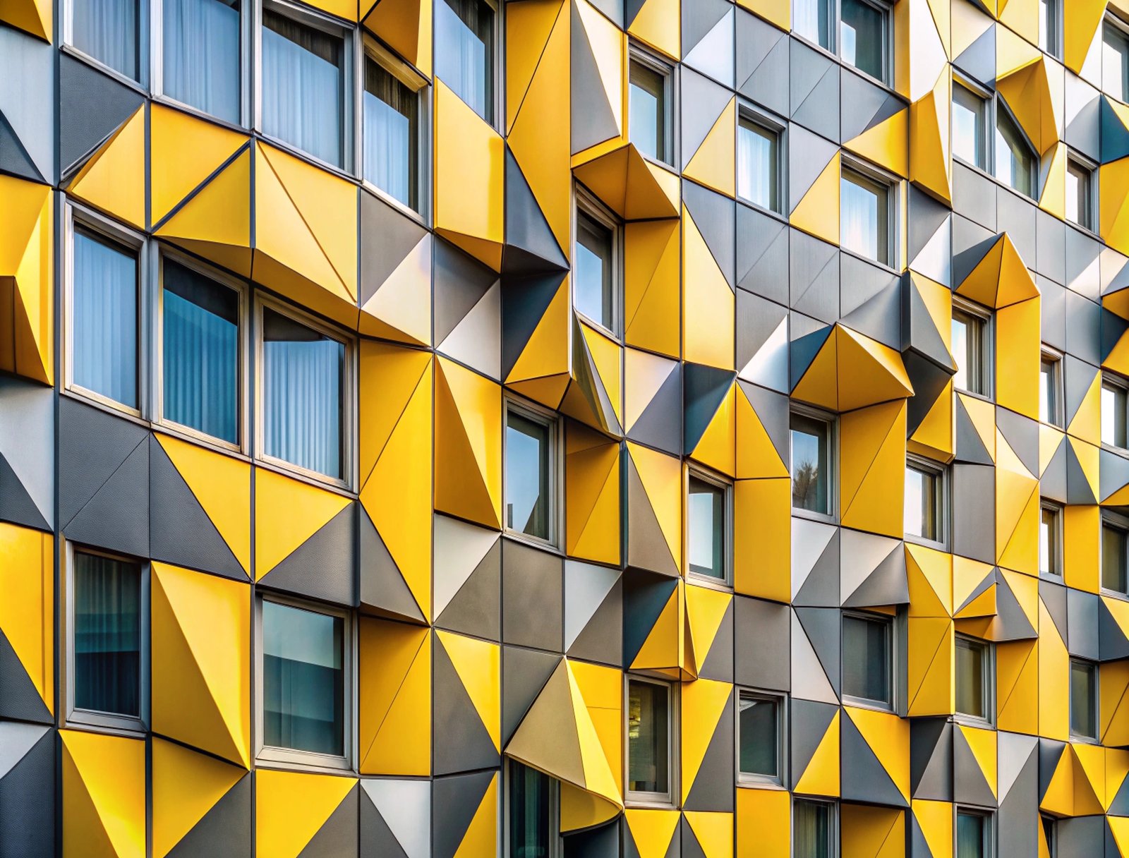 Yellow and Gray Decorative Facade Cladding Panels of Irregular Shapes. Geometric Facade. Modern Building. Abstract Architecture Photography
